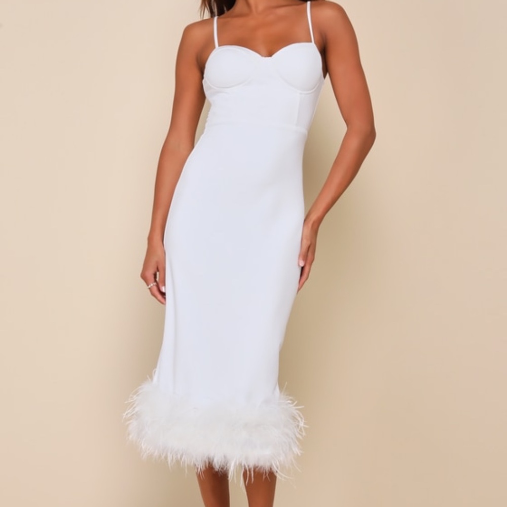 Lulus Passion For Glamour White Sleeveless Bustier Feather Midi Dress - Size XS